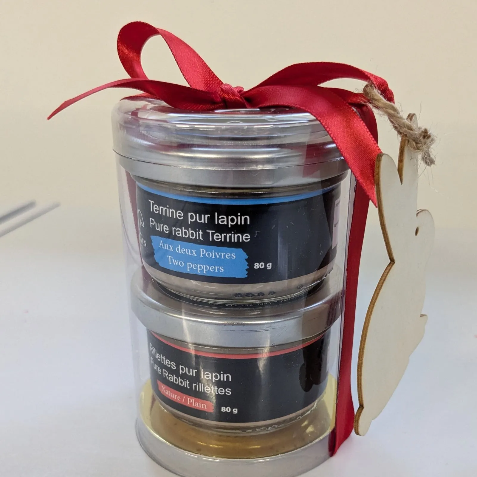 Mallain Lapin duo: two-pepper pure rabbit terrine and plain rillettes, red ribbon