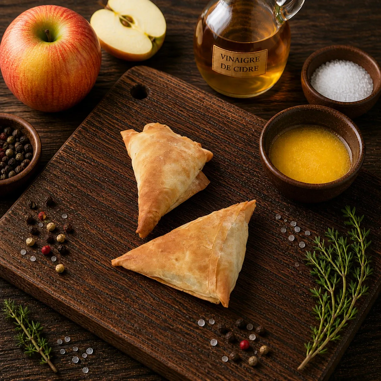 Deux croustillants de lapin au cidre de glace sur une planche de bois, pommes et vinaigre de cidre