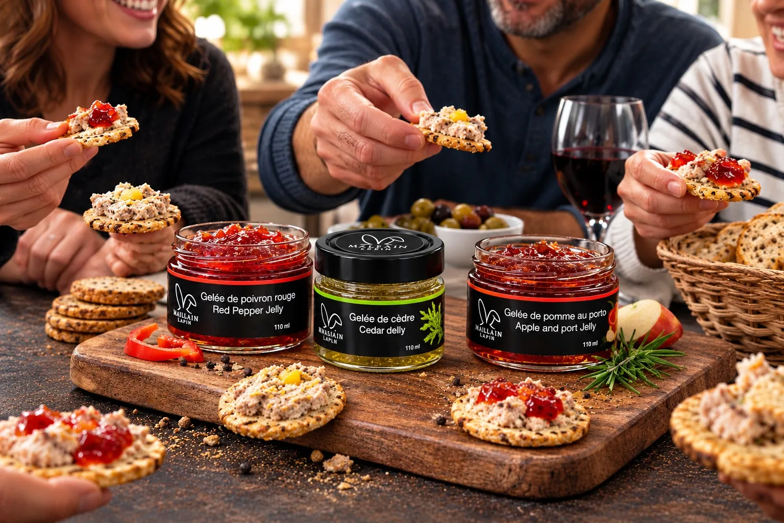 Gelées Mallain Lapin de poivron rouge, de cèdre et de pomme au porto, servies sur des craquelins
