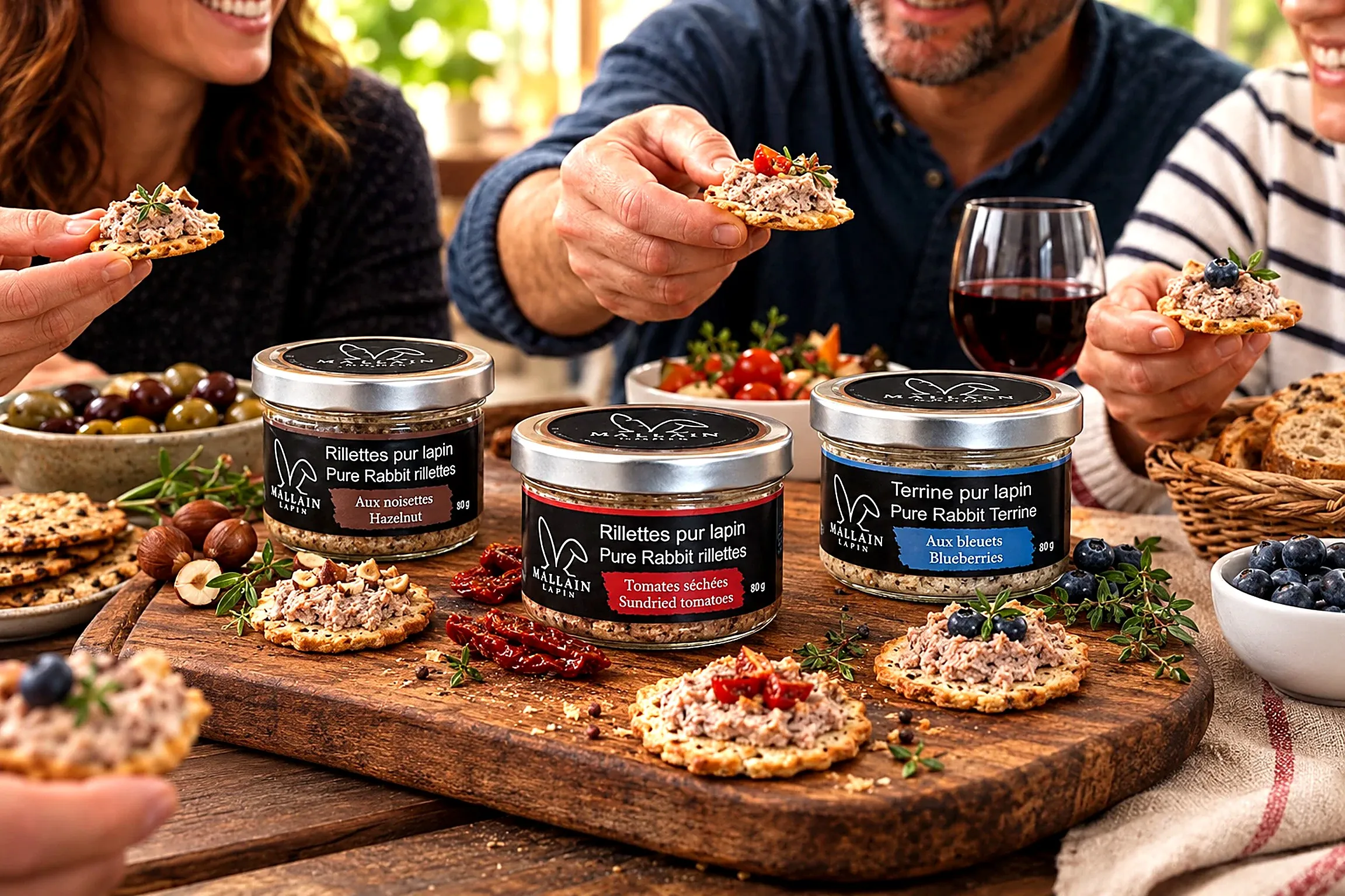 Rillettes aux noisettes, rillettes aux tomates séchées et terrine aux bleuets Mallain Lapin, partagées sur des craquelins entre amis